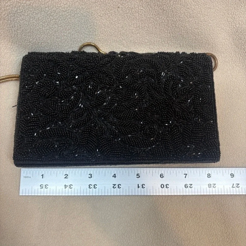 Hastings & Smith Black Beaded Floral Evening Clutch Bag Gold Snake Chain‎ Strap